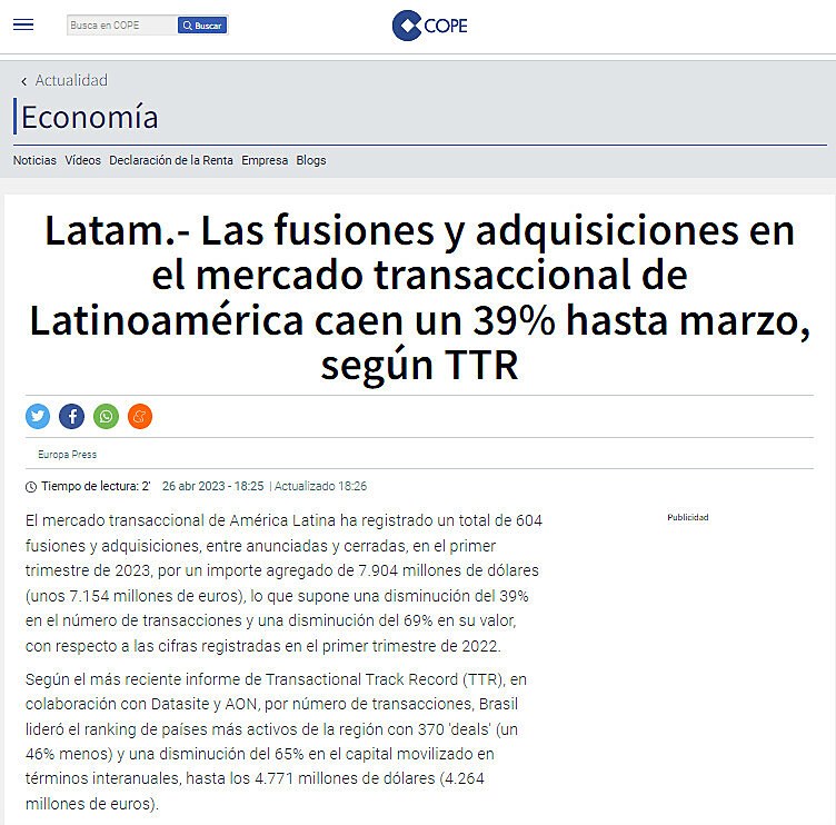 Latam.- Las fusiones y adquisiciones en el mercado transaccional de Latinoamrica caen un 39% hasta marzo, segn TTR